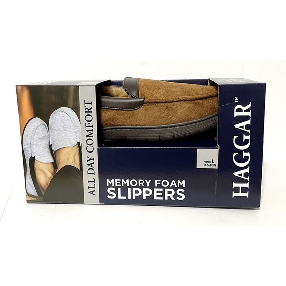 Haggar Mens Microsuede Fleece Brown Memory Foam Slippers Slip On Loafer L 9.5/10 - Picture 4 of 5